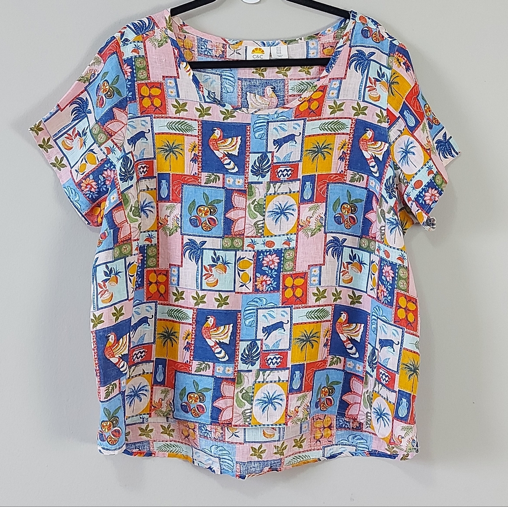 C&C California Boho chic Linen Top Size 1X Tropical Lagenlook Sheer Short Sleeve